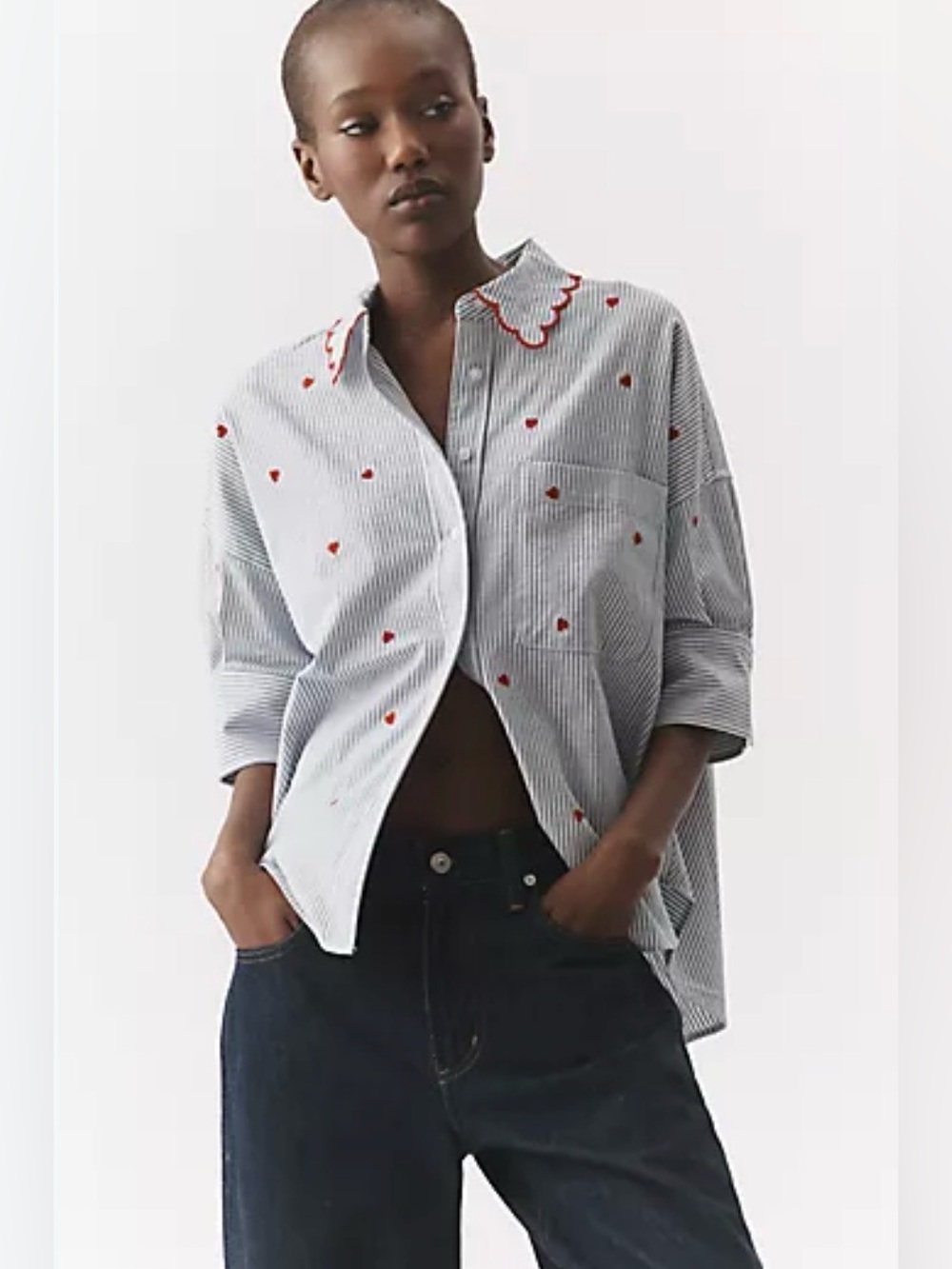 NWT Maeve Mabel Boxy Oxford Embroidered Shirt in Navy Stripe & Hearts size Small